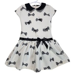Blueberi Boulevard Girls Sz 6 White Black Polka Dot‎ Bow Dress Peter Pan Collar